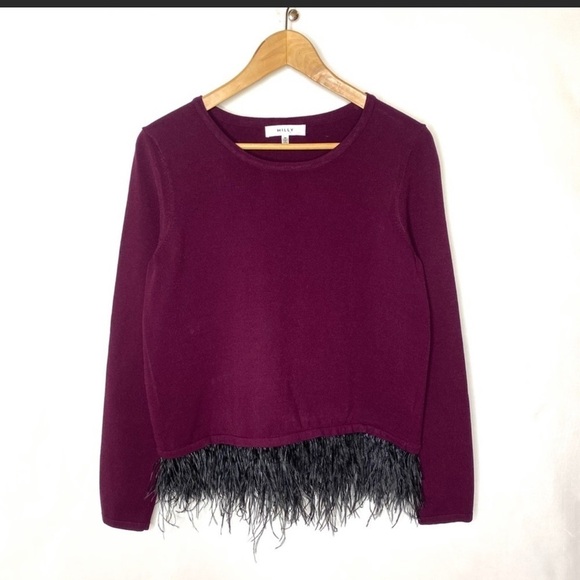NEW MILLY Burgundy Ostrich Feather Sweater small - Picture 2 of 5